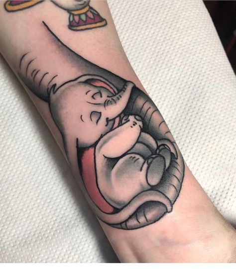 Disney Elephant Tattoo, Disney Mom And Son Tattoo, Baby Mine Tattoo, Dumbo And Mom Tattoo, Dumbo Tattoo Ideas, Dumbo And Mom, Disney Dumbo Tattoo, Flower Mandala Tattoo, Dumbo Tattoo