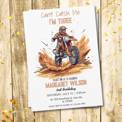 Can't Catch Me I'm Three Dirt Bik Boy 3rd Birthday Invitation Third Birthday Theme Boy, Boy 3rd Birthday, Adventure Party Theme, Third Birthday Boys, 3rd Birthday Party For Boy, 3rd Birthday Invitation, Unique Birthday Invitations, Motorcycle Party, Motorcycle Birthday