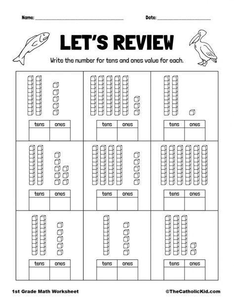 Tens and Ones Review - TheCatholicKid.com 1st Grade Tens And Ones Activities, How Many Tens And Ones Worksheet, Tens And Ones Grade 1 Worksheet, Maths Tens And Ones Worksheet, Ten And Ones Worksheet, Tens Ones Worksheet For Kg, Tens And Ones Worksheets First Grade, Tens And Ones Worksheet Grade 1, Tens And Ones Worksheet Kindergarten