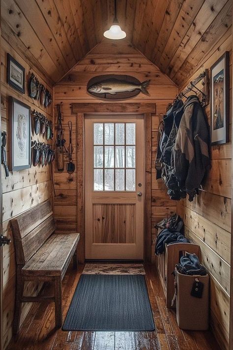 29 Small Fishing Cabin Interior Ideas To Create The Ultimate Fisherman’s Haven - Courtneys World Cabins In The Woods Interior, Lake Cabin Interiors, Vintage Fishing Decor, Cozy Cabin Aesthetic, Cabin Interior Ideas, Entryway Designs, Fishing Cabin Decor, Vintage Cabin Decor, Hooks For Coats