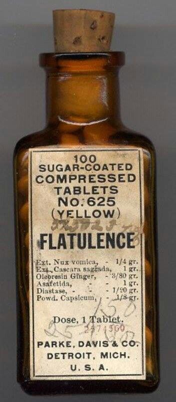 Label for 'Flatulence' Pills marketed by Parke-Davis - Does it *give* it or *prevent* it?? Taking something with the main ingredient "Vomica" is iffy... Nux Vomica, Old Medicine, Vintage Medicine Bottle, Antique Medicine Bottles, Old Medicine Bottles, Vintage Pharmacy, Vintage Medicine, Snake Oil, Fart Jokes