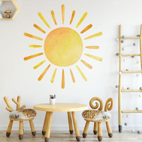 PRICES MAY VARY. 🔆【Sun Wall Decal Size】Finish size of boho sun decals on wall: 41.7” X 39.8”. To facilitate installation, we cut the decal into 2 PCS. Please align the sun center line to make a full mural. 🔆【Adorable Design】Sun Wall Decal features an artistic, painted sunshine design that's a perfect fit for classrooms, daycares, nurseries and bedrooms.This Sun Wall Decal comes in a variety of sizes to help you add some sunshine to any space. 🔆【Reliable Quality】this boho sun wall decal is mad Sunshine Wall Art, Yellow Sunshine, Watercolor Boho, Playroom Nursery, Boho Sun, Stil Boho, Wall Decor Decals, Wall Stickers Home Decor, Wall Stickers Living Room