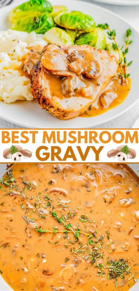 Mushroom Gravy - A rich, hearty, and very flavorful gravy recipe to perfectly complement your favorite dishes and holiday recipes! Made with mushrooms, onions, and butter for maximum comfort food flavor! An EASY gravy recipe that will impress everyone at your next Thanksgiving, Christmas, or special family gathering! Easy Gravy Recipe, Easy Holiday Side Dishes, Mushroom Gravy Recipe, Homemade Stuffing, Mushroom Gravy, Gravy Recipe, Gravy Recipes, Favorite Side Dish, Thanksgiving Side Dishes