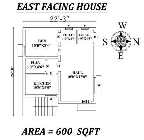 Autocad Drawing details of 22'x27' Single BHK East Facing House Plan As Per Vastu Shastra. The buildup area of this house is 600Sqft.Download Autocad Drawing Fi One Bhk Plan, 20x30 House Plans East Facing, 1bhk Layout, 1 Bhk Plan, East Facing House Plan Vastu, 1bhk Plan, 1 Bhk House Plan, 20×30 House Plan, Small House Design Floor Plan