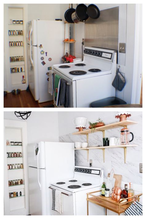 Before & After: A Mini Yet Mighty Rental Kitchen Makeover Diy Home Decor For Apartments Renting, Rental Makeover, Rental Kitchen Makeover, Apartment Updates, Diy Home Decor For Apartments, Diy Kitchen Countertops, Kitchen Makeover Ideas, Diy Kitchens, Rental Kitchen