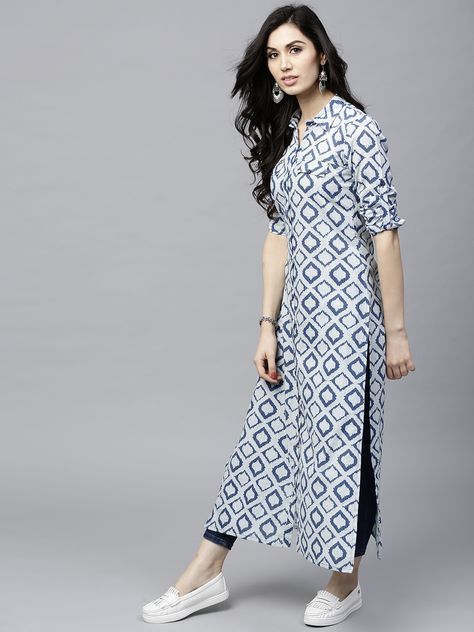 Buy AKS Women Navy & Off White Printed Straight Kurta - Kurtas for Women 2463738 | Myntra Shrug Dress, Kurti Long, Fashion Job, Long Shrug, Indian Kurti Designs, Shrug For Dresses, Simple Kurta Designs, Simple Kurti Designs, Kurti Designs Latest