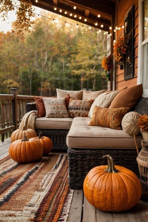 25+ Inspiring Fall Porch Ideas to Make Your Entryway Pop Curated Living Spaces Cozy autumn porch with pumpkins, cushioned seating, fall décor, and string lights against a woodland backdrop. | Sky Rye Design Fall Balcony, Fall Outdoor Space, Leaf Lights, Fall Patio Decor, Woodland Backdrop, Fall Porch Decorating Ideas, Balcony Decorating Ideas, Autumn Porch, Fall Porch Ideas