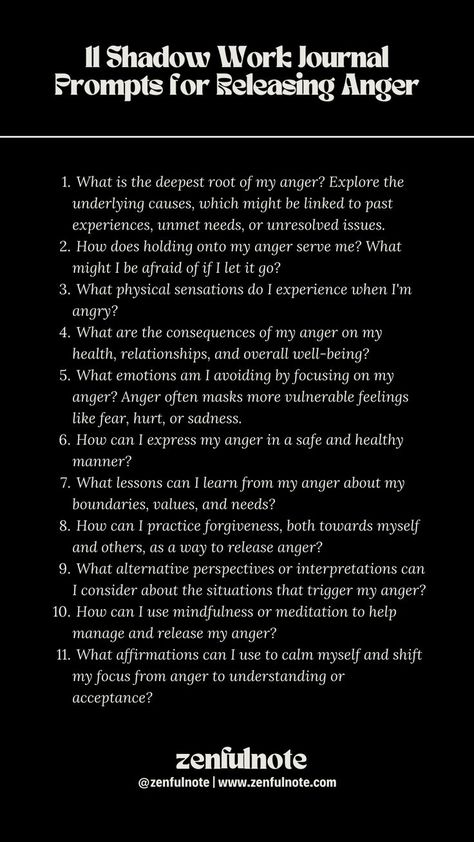 Releasing anger through shadow work involves understanding the root causes of your anger, acknowledging it, and then finding healthy ways to let it go. This process can lead to healing and transformation, helping you respond to future triggers with greater awareness and emotional intelligence. Releasing Anger, Shadow Work Journal Prompts, Work Journal Prompts, How To Release Anger, Shadow Work Journal, Healing Journaling, Daily Journal Prompts, Work Journal, Relationship Therapy