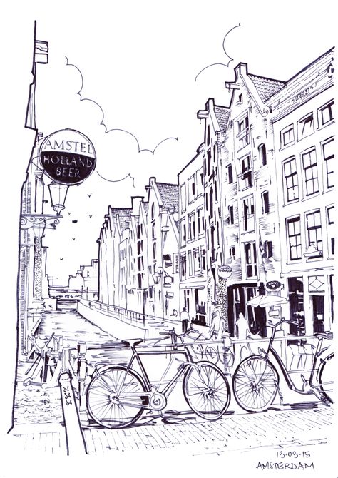 Amsterdam Sketch Drawings, Urban Sketching Amsterdam, Amsterdam Sketch, Amsterdam Drawing, Amsterdam Architecture, Skyline Drawing, Urban Painting, Perspective Drawing Architecture, Urban Sketches