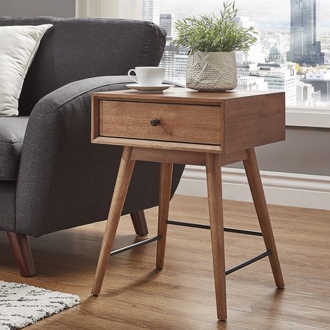 Aksel Brown Wood 1-drawer End Table iNSPIRE Q Modern (Brown End Table), Black Mid Century Accent Table, Mid Century Modern End Table, Library Inspiration, Apartment Stuff, Wood Accent Table, Mid Century Living, Modern End Tables, Sofa End Tables, Table Diy