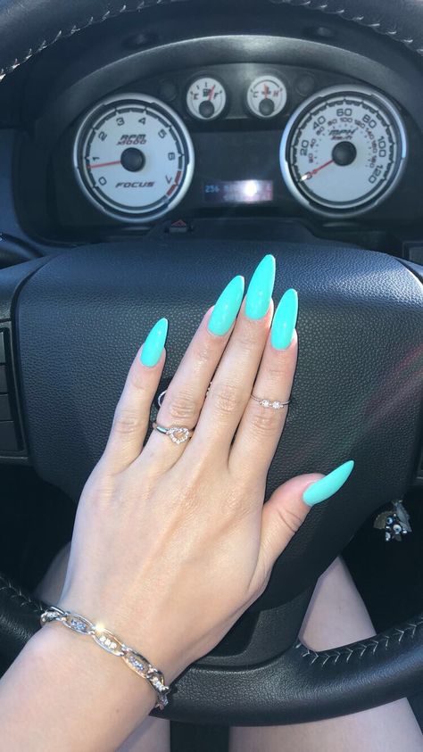 Teal Acrylic Nails Almond, Neon Blue Almond Nails, Neon Teal Nails, Almond Nails Turquoise, Almond Nails Teal, Turquoise Almond Nails, Teal Almond Nails, Almond Nails 2023, Turquoise Acrylic Nails