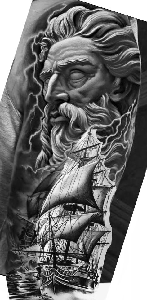 Posiden Ship Tattoo, Poseidon Ship Tattoo, God Of Sea Tattoo, Posiden Tattoo Sleeve, Posideon Tattoo, Posiden Tattoo Design, Poseidon Tattoo Design, Sailing Tattoo, Hades Tattoo