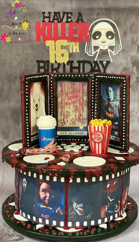 Sweet 16 birthday cake for a horror movie fan who’s birthday is also close to Halloween. Cake is wasc with almond vanilla buttercream. Decorations are made with fondant & edible images. Film reel pieces are mdf boards. “Killer Birthday” topper... Scary Movie Cakes, Horror Themed Cake, Halloween Sweet 16, Horror Cakes, Scary Halloween Cakes, Horror Birthday, Horror Cake, Horror Themed Party, Scary Cakes