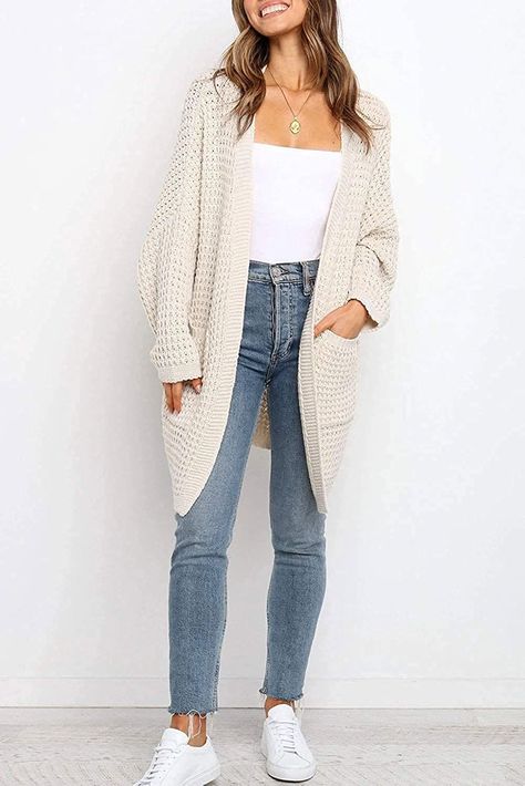 Women's Long Batwing Sleeve Open Front Chunky Cable Knit Cardigan Sweater Casual Outerwear with Pockets Look Kimono, Chunky Cable Knit Cardigan, Knit Sweater Coat, Cardigan Outfit, Beige Outfit, Pocket Sweater, Longline Cardigan, Cardigan With Pockets, Waffle Knit Sweater