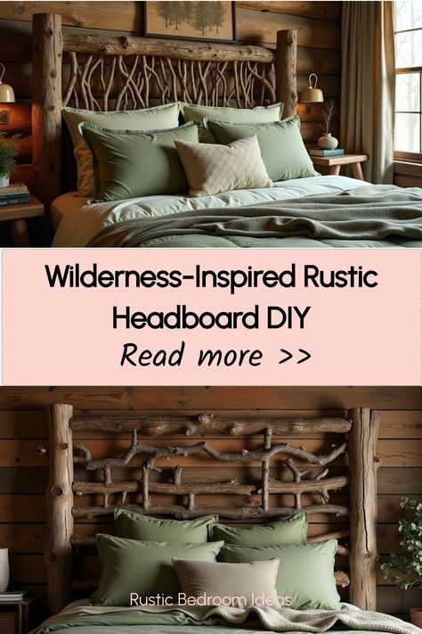 Rustic log cabin style headboard with natural branch elements Rustic Headboard Ideas, Log Headboard, Log Bed Frame, Rustic Headboard Diy, Wall Headboard Ideas, Wall Headboard, Rustic Bedroom Design, Log Bed, Bring The Outdoors Inside