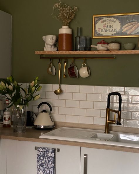 Kitchen corner with Olive green walls and countryside vintage inspired decoration Green Kitchen Ideas Paint Colours, Kitchen Ideas Dark Walls, Olive Green Outside House Paint, Farrow And Ball Olive, Cozy Green Kitchen Aesthetic, Farrow And Ball Olive 13, Olive And Grey Kitchen, Green Painted Walls Kitchen, Light Olive Kitchen