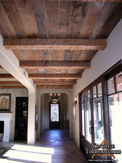 Flat Ceiling Beams With Random Width Decking Barn Wood Ceiling, Wood Plank Ceiling, Metal Barn Homes, Plank Ceiling, Pole Barn House Plans, Rustic Ceiling, Metal Barn, Wood Beam Ceiling, Wood Ceiling