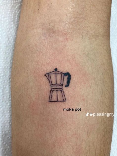 Minimal Coffee Tattoo, Espresso Tattoo Ideas, Fine Line Food Tattoo, Crossaint Tattoo, Moka Pot Tattoo, Coffee Pot Tattoo, Espresso Tattoo, Coffee Tattoo Minimalist, Small Quirky Tattoos