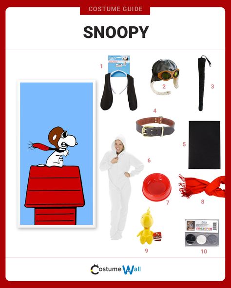 The best costume guide for dressing up as Snoopy, the lovable pet beagle of Charlie Brown from the comic strip Peanuts by Charles M. Schulz. Snoopy Red Baron Costume, Peanuts Characters Costumes, Snoopy Costume Diy, Peanuts Gang Costumes, Peanuts Costumes, Charlie Brown Halloween Costumes, Peanuts Halloween Costume, Snoopy Costume, Peanut Costume