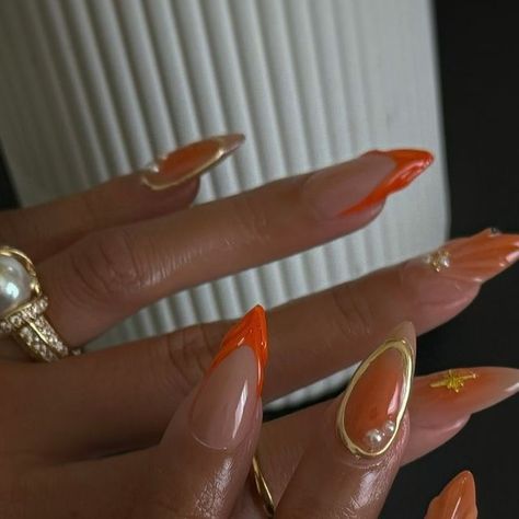 Orang And Gold Nails, Fire Inspired Nails, Orange Nails Simple, Gold Orange Nails, Gold And Orange Nails, Orange Gold Nails, Leo Season Nails, Summer Gel X Nails, Nails Summer Orange