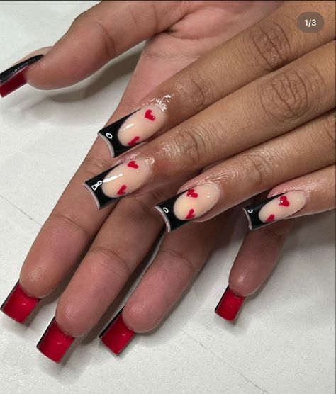 Black French With Red Hearts, Red And Black Tapered Square Nails, Y2k Nails Short Red, Red Bottom Valentine Nails, Short Square Valentines Nails Red, Black Red Valentines Nails, Red Bottom Nails Short, Black Nails Red Heart, Short Red Bottom Nails