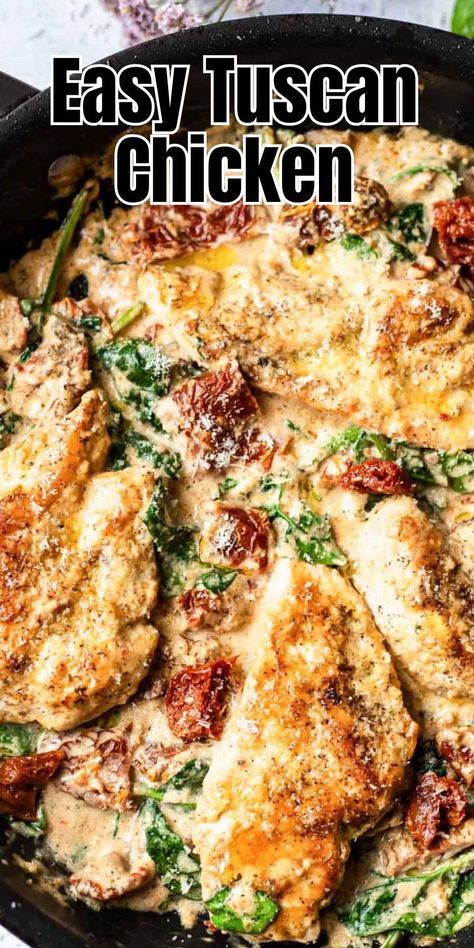 This easy Tuscan chicken recipe is the perfect comfort meal for your family. It's easy to make and full of flavor. Chicken breasts are seared with Italian spices and then cooked in a delicious cream-based sauce. Tuscan Stuffed Chicken, Italian Chicken Dishes Recipes, Tuscany Chicken Recipe, Tucson Chicken, Tuscan Chicken Recipes, Chicken Recipes For A Crowd, Tuscan Chicken Bake, Tuscany Chicken, Easy Tuscan Chicken