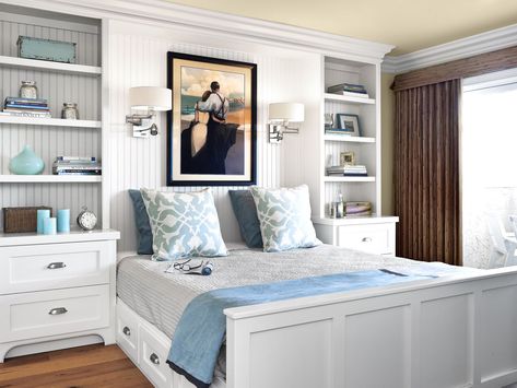 Beadboard Molding, Bedroom Built Ins, Small House Living, Shelf Units, Unfinished Furniture, Basement Bedrooms, Woman Bedroom, Spare Bedroom, Remodel Bedroom