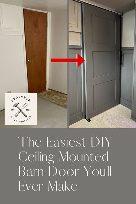 DIY ceiling mounted barn door with matte black paint and matte black handle. Floating Door Ideas, Easy Diy Sliding Door, Lightweight Sliding Door Diy, Sliding Door Ceiling Mount, Sliding Door From Ceiling, Closet Door For Small Space, Ceiling Mounted Door, Hanging Barn Door From Ceiling, Cheap Sliding Door Diy