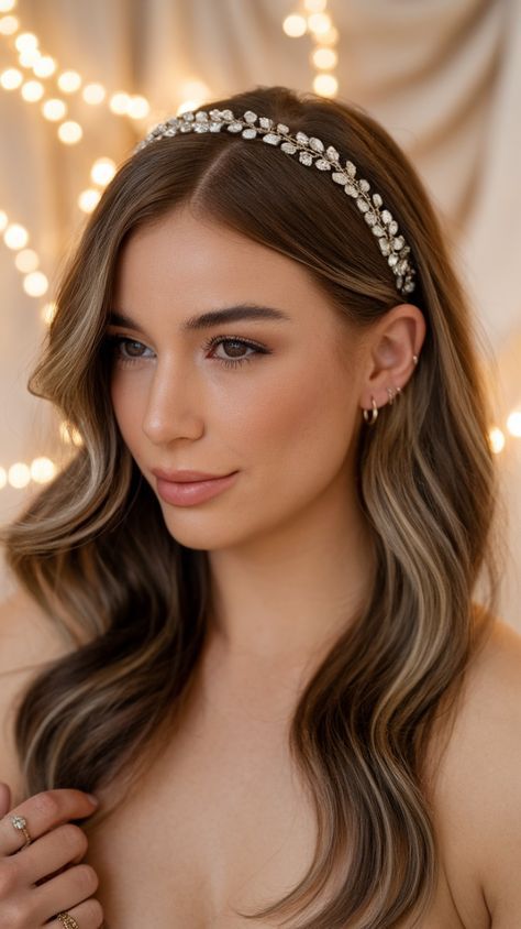 Wedding Hairstyles With Side Part, Wedding Hairstyles With Hairband, Wedding Hairband Hairstyle, Side Parting Hairstyle, Hairstyle With Side Part, Hairband Hairstyles For Long Hair, Hairband Hairstyle Wedding, Wedding Hair Down With Headband, Hairstyles With Hairbands