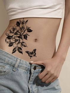 Floral Pattern Tattoo, ليلو وستيتش, Stylish Tattoo, Muster Tattoos, Stomach Tattoos, Subtle Tattoos, Up Tattoos, Grey Tattoo, Elegant Tattoos