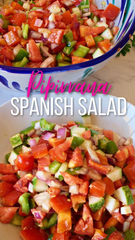 Salads With Peppers, Spanish Cucumber Salad, Peppers Salad Recipes, Recipes To Use Up Peppers, Salads From Spain, Keto Spanish Food, Spanish Salad Dressing, Spanish Tomato Salad, Spanish Salads Traditional