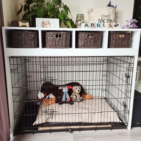 Dog Crates Table, Where To Put Dog Kennel In House, Dog Space Ideas Apartment, Dog Crate Organization Ideas, Dog Kennel In Bedroom, Room With Dog Crate, Dog Crate Ideas Small Space, Big Dog Small Apartment, Pet Apartment Ideas