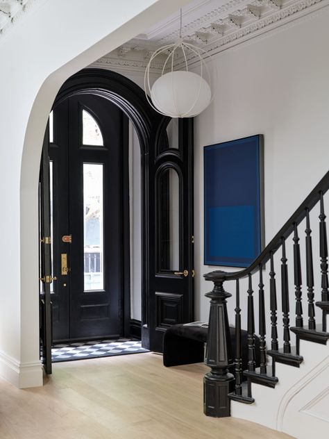 Brownstone Boys, Beautiful Powder Rooms, Brownstone Interiors, Brownstone Homes, Parlor Floor, Vibrant Living Room, Door Entryway, Black Doors, Entry Way