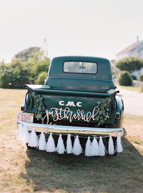 11 Wedding Car Decoration Ideas for a Memorable Send-Off - laser-cut getaway car decor {42 North} Car Decorations For Wedding, Car Decoration Ideas, Wedding Getaway Car, Cars Decorations, Aisle Planner, Decorations For Wedding, Just Married Car, Bridal Car, Wedding Car Decorations