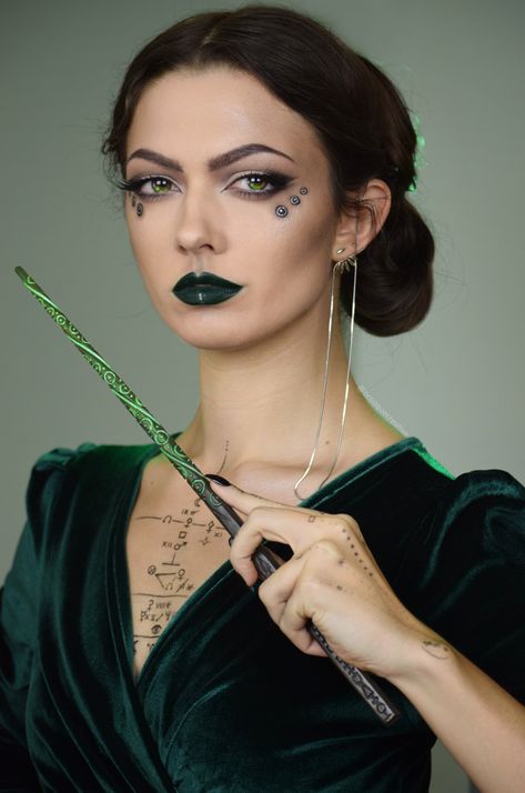 🐍Slytherin🐍 a dark witch look inspired by my own house. Tattoos are marks from my own zodiac birth chart! Tutorial linked. #makeup #slytherin #hogwarts #witchmakeup #halloweenmakeup #makeuptutorial Slytherin Halloween Costume, Zodiac Birth Chart, House Tattoos, Slytherin Costume, Harry Potter Makeup, My Own House, Brow Stylist, Witch Makeup, Dark Witch