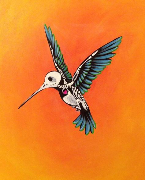 Day of the Dead Hummingbird by artist Rebecca Hull Trippy Hummingbird Tattoo, Hummingbird Tattoo Mexican, Hummingbird And Skull Tattoo, Aztec Hummingbird Art, Mexican Hummingbird Art, Skull Hummingbird Tattoo, Hummingbird Skull Drawing, Hummingbird Skeleton Tattoo, Alebrije Painting