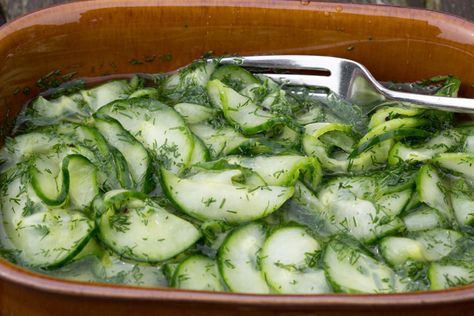 Pickled cucumbers play an important part in Swedish cuisine and are much more common than in the UK.  In this recipe the cucumber is very lightly pickled and then flavoured with dill, the King of the Herbs in Sweden. This is a simple, quick, easy and really rather good recipe! Swedish Pickled Cucumbers, Swedish Salad Recipes, Swedish Cucumber Salad, Swedish Midsummer Food, Swedish Vegetables, Swedish Cucumbers, Cucumber With Dill, Scandi Recipes, Swedish Meals