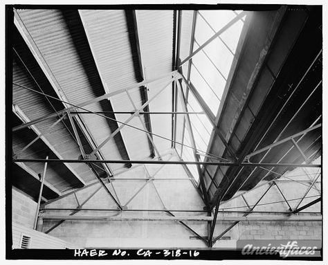 16. Detail view of saw tooth truss roof of main section,...  family photo Sawtooth Roof, Roof Truss Design, Tin House, Steel Trusses, Warehouse Design, Saw Tooth, Roof Architecture, Roof Trusses, Aluminum Roof