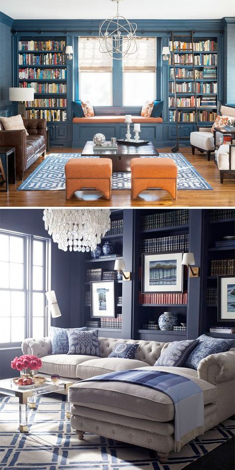 Family Room With Library, Navy Rooms Living, Navy Sofa Navy Walls, Maximalist Reading Corner, Family Library Room, Navy Bookshelves, Navy Family Room, Sectional Placement, Dream Library Home