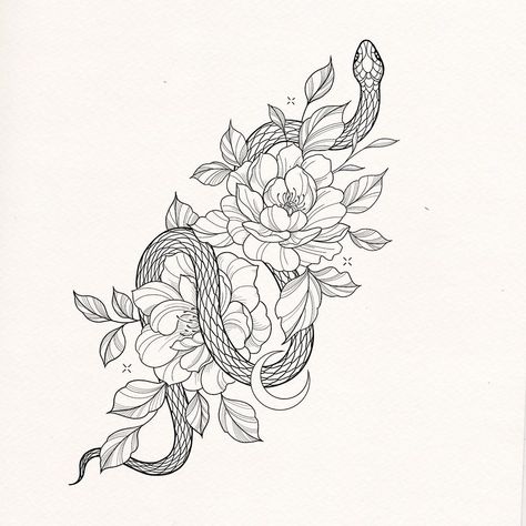 Snake And Floral Tattoo Design, Snake Tattoo Design With Flowers, Snake Peony Tattoo Design, Snake Around Flower Tattoo, Snake Through Flowers Tattoo, Floral Snake Back Tattoo, Snake Tattoos On Shoulder, Snake Flower Spine Tattoo, Snake N Flower Tattoo