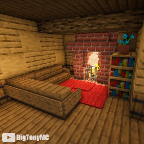 A cozy seat by the fireplace in this Minecraft cottage. Visit the link for the full build on my YouTube channel! Minecraft House Interior Living Rooms, Fireplace Design Minecraft, Minecraft Seating Ideas, Cute Minecraft Fireplace, Cozy Minecraft Houses Interior, Minecraft Interior Fireplace, Cozy Interior Minecraft, Minecraft Fireplace Ideas Cottage, Minecraft Seats