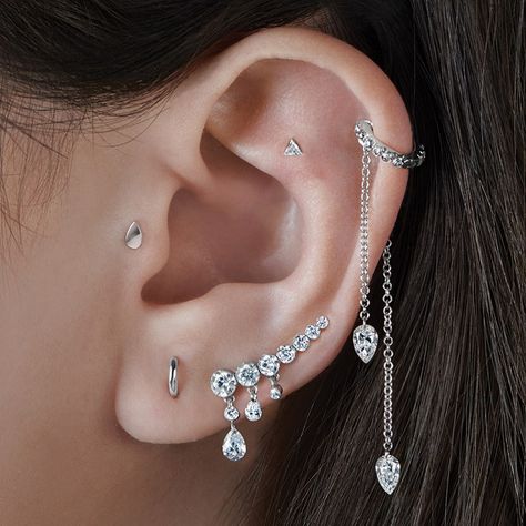 Maria Tash’s Instagram post: “Double the charm by placing two Pendulums with Pear Diamonds on a hoop in the Helix.” Hoops With Charms, Helix Hoop, Maria Tash, Triangle Diamond, Ear Climber, Ear Climbers, Pear Diamond, Stud Earring, Helix