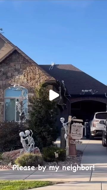 Never_Done_DIY on Instagram: "@sallyshouz neighbor takes Halloween décor to a skeleton extravaganza!

Follow @sallyshouz and tag someone who wishes their house was this spooktacular!

#NeighborhoodHauntedHouse #HalloweenDecorGoals #SillySkeletonSpooktacular #NeighborhoodLaughsAndThrills #halloweendecor #halloween #skeleton #skeletonlove #never_done_diy 

Please DM for credit or removal." Outside Skeleton Decorations, Hanging Skeletons On House, Skeletons On House Halloween, Skeletons Halloween Outdoor, Skeletons On House, Skeleton Halloween Decorations Yards, Skeleton Sitting In Chair, Skeleton Decorations Outdoor Funny, Skeleton Scenes For Halloween