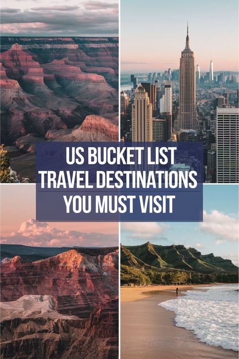 Collage with images of Grand Canyon, New York City, Yellowstone National Park, and Waikiki Beach Places To Travel United States, Bucket List Travel United States, Bucket List Vacation Ideas, Us Bucket List Travel, United States Aesthetic, Places To Travel In The Us, Us Bucket List, Bucket List Travel Destinations, Bucket List Trips