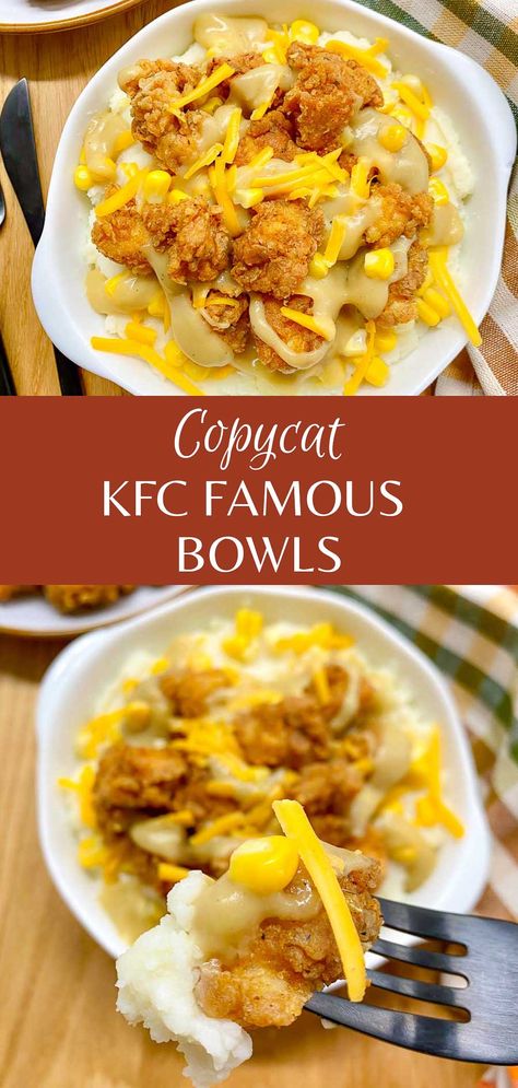 Famous Kfc Bowl, Copycat Kfc Famous Bowl, Famous Bowls Homemade, Homemade Kfc Bowl, Kfc Bowls Homemade, Diy Kfc Famous Bowl, Kfc Copycat Recipes, Kfc Bowls Copycat, Kfc Chicken Bowl Recipe