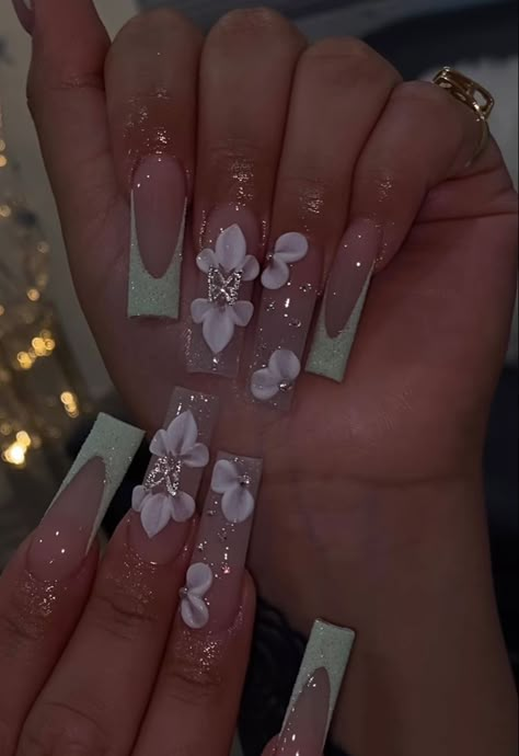 Nails Quinceanera, Sage Green Quince, Sage Green Nails, Sweet 16 Nails, Quince Nails, Green Quinceanera, Quinceanera Nails, Quince Stuff, Green Quince