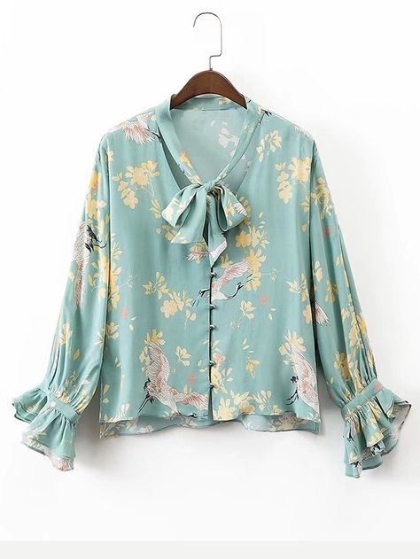 blouse170419207_2 Long Sleeve Loose Blouse, Floral Chiffon Blouse, Floral Long Sleeve Shirt, Fashion Tops Blouse, Pretty Blouses, Shirt Styles, Blouse Outfit, Ladies Dress Design, Tie Neck