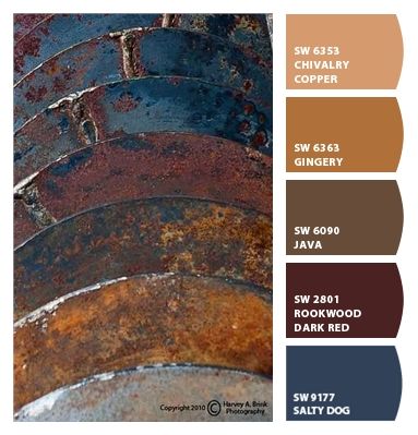 Brown Color Schemes For The Home, Country Color Palette Rustic, Lodge Style Paint Colors, Rusty Colour Palette, Bronze Complimentary Colors, Western House Paint Colors, Autumn Interior Color Palette, Copper Complimentary Colors, Copper Color Pallete