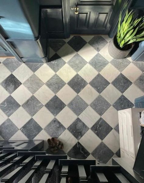 Square Marble Tile Bathroom, Gray Checkerboard Floor, Checkered Tile Master Bath, Black And White Checkered Tile Floor, Victorian Entryway Tile, Black White Tiles Bathroom, Black And White Marble Tile Floor, Black And White Stone Floor, Check Bathroom Floor