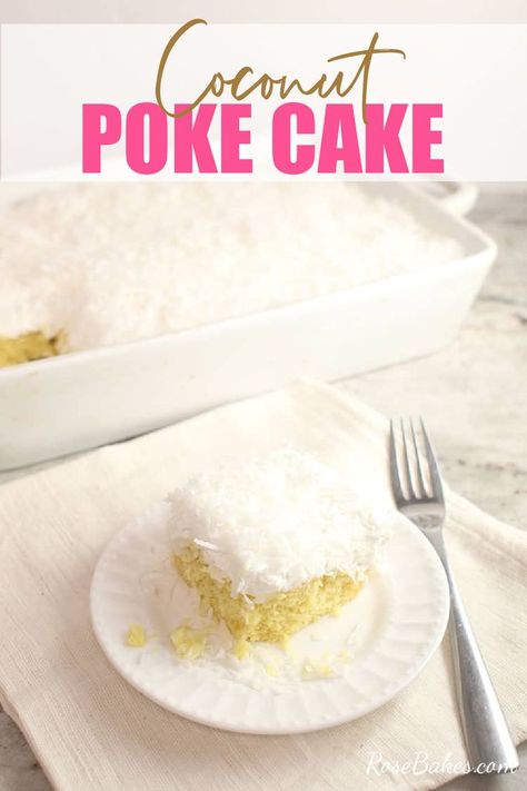 Slice of coconut poke cake on a white plate with the cake in a white baking dish in the background Easy Coconut Cake, Hawaiian Wedding Cake, Coconut Sheet Cakes, Coconut Poke Cakes, Coconut Syrup, Coconut Cake Recipe, Coconut Frosting, Sour Cream Cake, Coconut Recipes